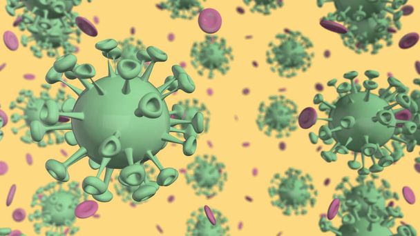 Karikatur Bakterienzelle und rote Blutkörperchen Helle Farben Pastell. Hintergrund 3D Rendering grüner Virenzellen. - Foto, Bild