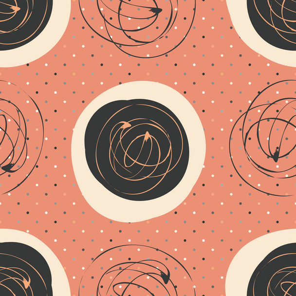 Scribbled ink grunge circle vector seamless pattern background. Brush stroke swirl shapes on coral orange dotted backdrop. Bold art house design. Modern all over print for abstract decor concept. - Vector, Image