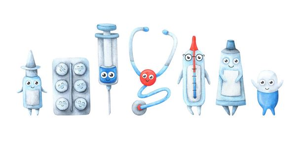 Medical kit. Cartoon characters : syringe, stethoscope, pill, pills, drops, ointment. Set of watercolor illustrations isolated on a white background. Stock image - Foto, imagen