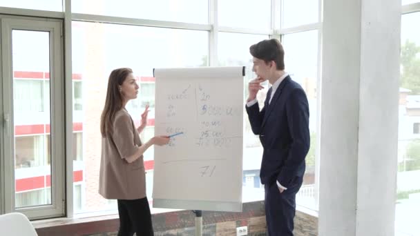 Jovens empresários profissionais felizes, homem e mulher, discutem diagrama de flipchart no seminário de reunião da equipe de escritório
. - Filmagem, Vídeo