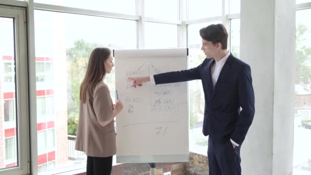 Προπονητής επιχειρηματία παρουσιάζει οικονομική στρατηγική σε flip chart κατά τη συνάντηση - Πλάνα, βίντεο