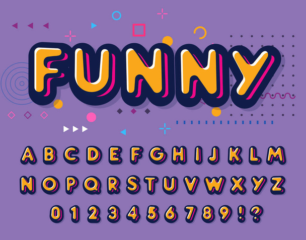 Kleur lettertype. Grappige letters en cijfers ingesteld. Speelse stijl alfabet. Retro ABC voor feest, disco, school en plezier - Vector, afbeelding