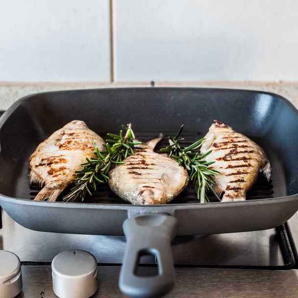 Grilling Breams in a Skillet on Gas Stove Top, square - 写真・画像