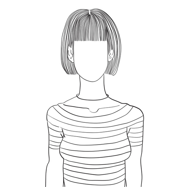 Hand drawn artistic illustration of an anonymous avatar of a young woman with bob coiffure and bang in a casual shirt, web profile doodle isolated on white - Photo, Image