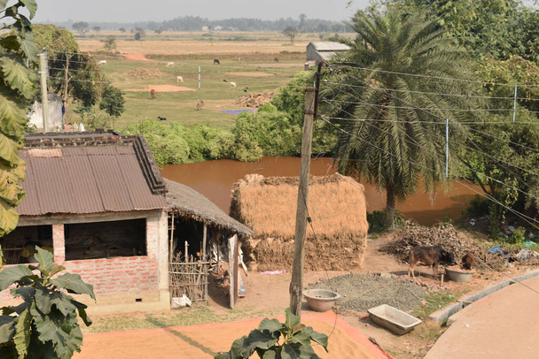 un'immagine di un villaggio con un mucchio di fieno e stagno dietro di esso
 - Foto, immagini