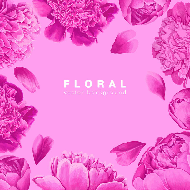 Square template for posts in social networks, posters and banners with discounts in stores. Floral background with frame of highly realistic pink peonies and petal. Greeting card or wedding invitation - Vettoriali, immagini