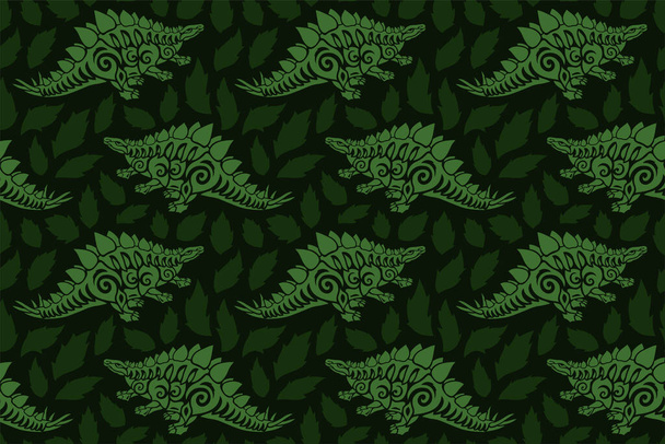 Beautiful green seamless pattern with tribal stegosaurus silhouettes and leaves on the dark background - Vector, Imagen