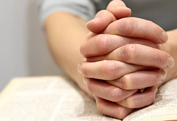 imádkozó kéz bibliával szürke háttér - Fotó, kép