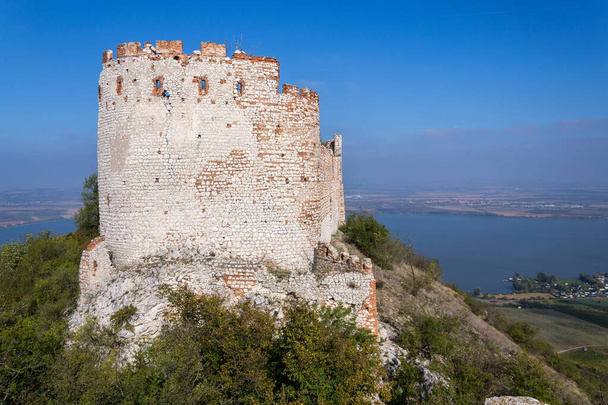Devicky castle ruins overlooking banks of Nove Mlyny water reservoir near Pavlov, South Moravia, Czech Republic, sunny summer day - Photo, Image