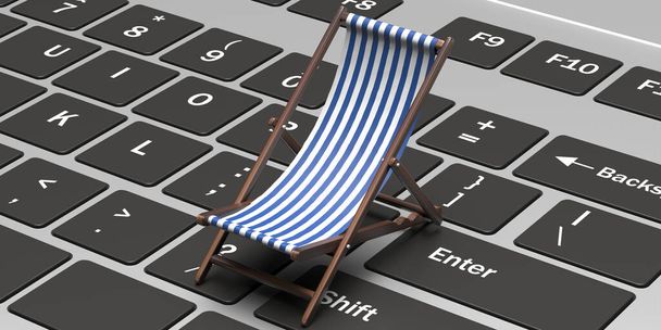 Férias no local de trabalho na praia, sonhando férias no escritório. Cadeiras de praia num computador portátil. Conceito de estilo de vida nômade digital moderno. ilustração 3d
 - Foto, Imagem