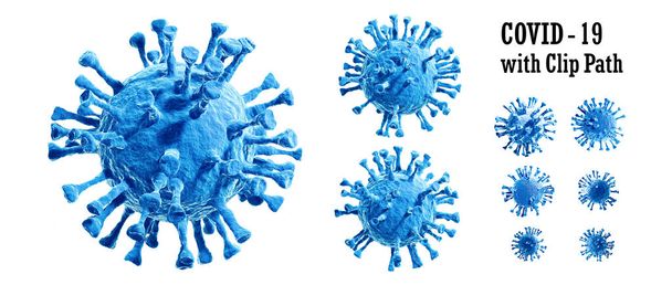 COVID-19, вірус блакитної корони, вірус грипу під мікроскопом ізольований на білому тлі з кліпом для риття. Епідемія коронавірусу, Covid 19, Bacteria, Danger cell in health, infect, Medical concept in 3d Animation, Illustration. - Фото, зображення