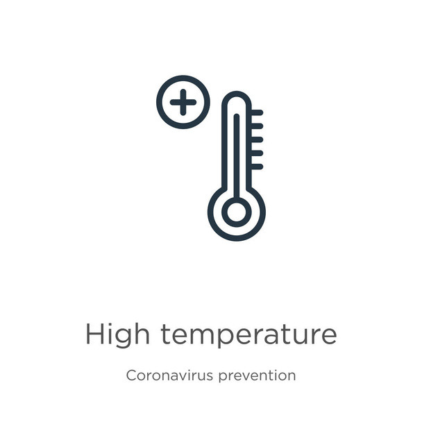 高温のアイコン。コロナウイルスの予防コレクションから白い背景に単離された薄い線形高温アウトラインアイコン。現代のラインベクトル記号、記号、ウェブとモバイル用のストローク - ベクター画像