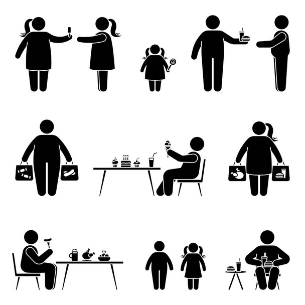 Stick figure eating sweets, fast food, fat meal, shopping, buying unhealthy products vector icon pictogram. Obese man and woman have lunch, dinner, snack silhouette set on white - Vector, Image