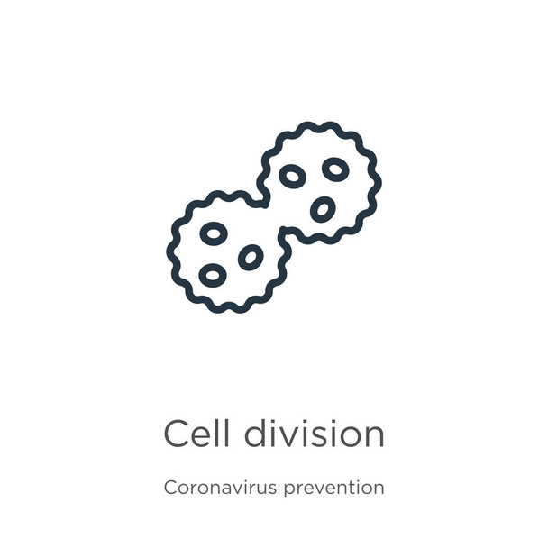 Ikona dywizji komórkowej. Cienki liniowy podział komórek zarys ikony izolowanej na białym tle z kolekcji Coronavirus Prevention. Nowoczesny znak wektora linii, symbol, skok dla sieci web i mobile - Wektor, obraz