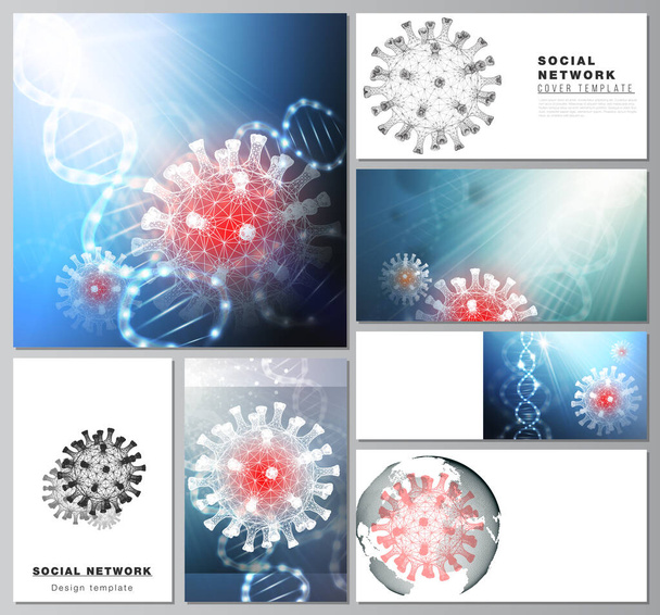 Vector layouts of social network mockups for cover design, website design, website backgrounds or advertising. 3d medical background of corona virus. Covid 19, coronavirus infection. Virus concept - Vektor, kép