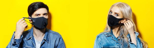 Collage of studio portraits of couple in denim jacket, putting on face respiratory flu mask against coronavirus. Background of yellow color with copy space. - Φωτογραφία, εικόνα