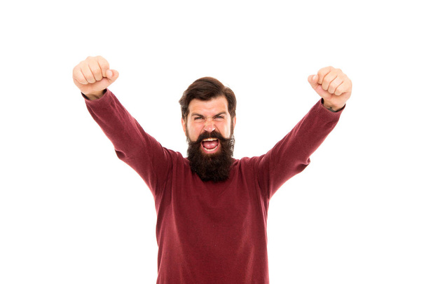 I got promotion. celebrating success and victory. he is lottery winner. real champion. human facial expressions. completely happy man. bearded hipster feel happiness. man expressing positive emotion - Fotografie, Obrázek
