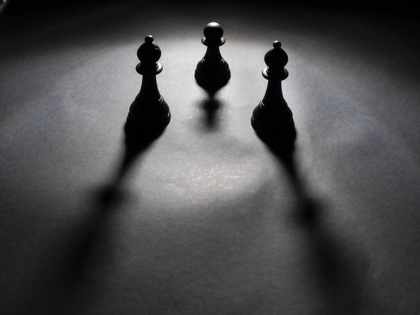 Image of two black bishops and a black pawn backlighting with black background - Photo, Image
