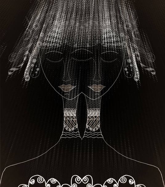 wit op zwart negatief van inkt doodle van tweeling hoofden van zelfverzekerde jonge dame met een lange nek en extravagante kapsel patroon en ontwerpen - Foto, afbeelding