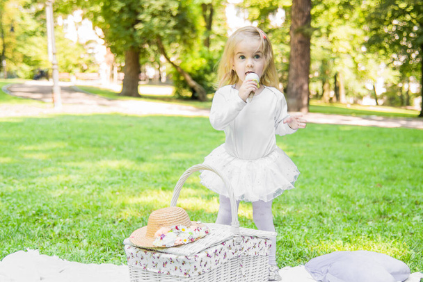 Une petite belle fille se promène dans le parc avec un panier de pique-nique et un chapeau de paille. Bébé émotionnel drôle. - Photo, image