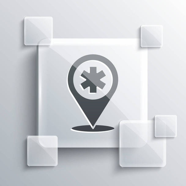 Grey Medical map pointer with cross hospital icon isolated on grey background. Square glass panels. Vector Illustration - Vector, Image