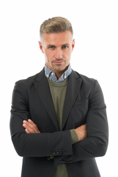 Dressing to send confident impression. Confident man keep arms crossed. Confident look of project manager. Menswear store. Office style. Formal fashion trend. Business attire. Feeling confident - Fotografie, Obrázek