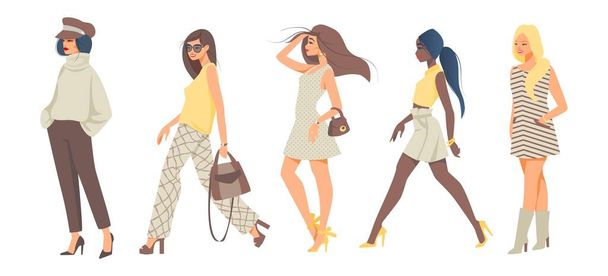 Trendy vrouwen. Cartoon stijlvolle meisje personages dragen stijlvolle casual en hipster mode kleding. Vector collectie van diverse modellen in trend - Vector, afbeelding