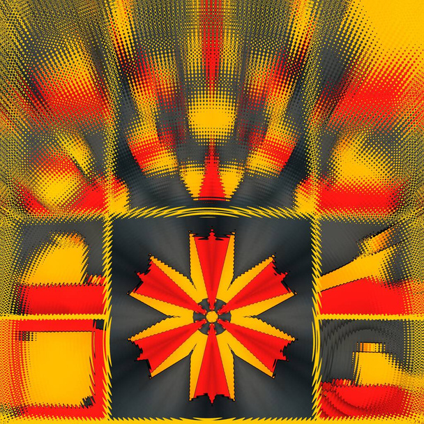žlutá červená mozaika vzor a varianty provedení o dva čtyři a šest násobek odrazy s mozaikou v odstínech mezi tmavé a světlé barvy na šedé černé pozadí - Fotografie, Obrázek