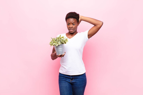 young pretty black womanfeeling stressed, worried, anxious or scared, with hands on head, panicking at mistake holding a plant - Foto, imagen