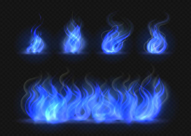 Realistic blue fire flames set. Transparent torch effect, abstract blue light flare, campfire design template. Isolated vector 3D illustration - Vector, Image