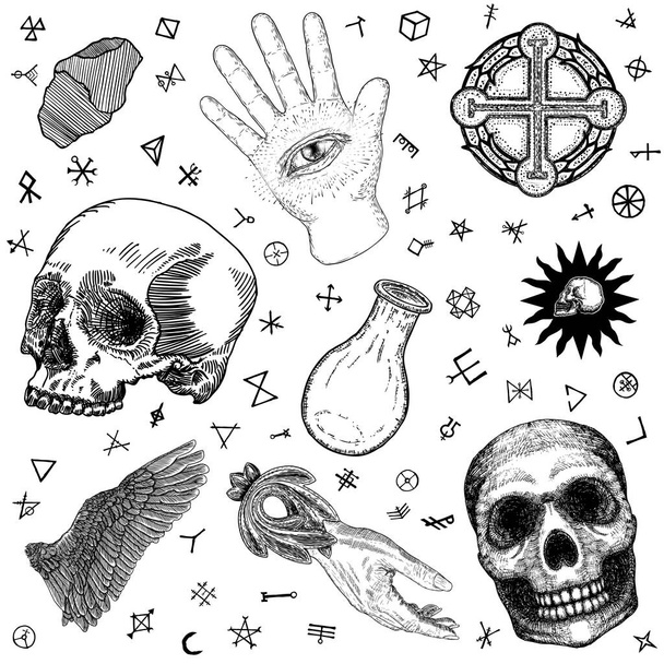 Witchcraft set of occult medium reader equipment. Alchemy, religion and spirituality occultism. Witch magic elements set. Human skull, glass potion cup, palmistry reader hand, woman witch palm. Vector - Vektori, kuva