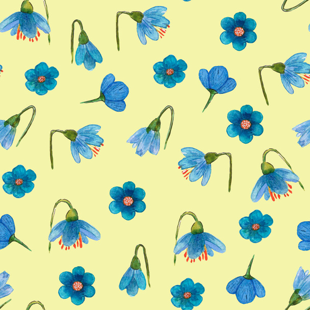 Watercolors draw a spring seamless pattern on a yellow background consisting of blue flowers - Foto, imagen