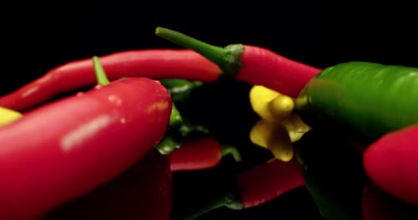 スパイシーな唐辛子赤黄色緑新鮮な唐辛子パプリカ食品4k本部スーパーマクロクローズアップ - 映像、動画