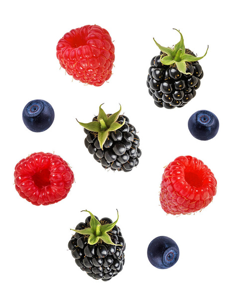 Berries collection. Raspberry, blueberry, blackberry  isolated on white. - Photo, Image