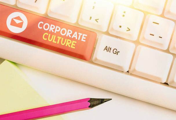 Text sign showing Corporate Culture. Conceptual photo Beliefs and ideas that a company has Shared values. - Photo, Image