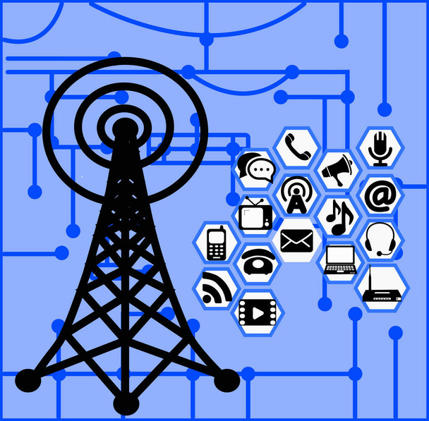 телекоммуникации, телекоммуникационная башня с иконками, в ознаменование международного дня телекоммуникаций, на светло-голубом фоне
 - Вектор,изображение