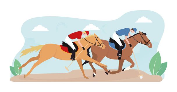 Horse polo illustration. Polo game illustration. Illustration of equestrians on horses with hockey sticks and polo. Image of equestrian sport. A jockey on a horse hits the ball with a club. - Vector, Image