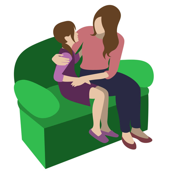 Η μητέρα αγκαλιάζει την κόρη της στον καναπέ και παίρνει μαζί της. - Διάνυσμα, εικόνα