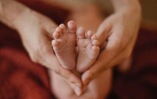 Mom's hands hold the legs of baby - Foto, Imagen