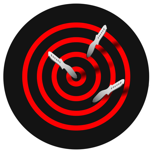 Black and red target with three throwing knives in it - Vector, Image