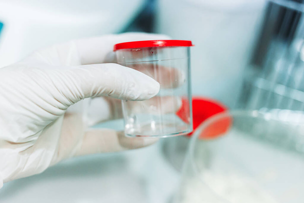 Medical professional hand with glove holding empty specimen container, cup. Lab analysis - Photo, image