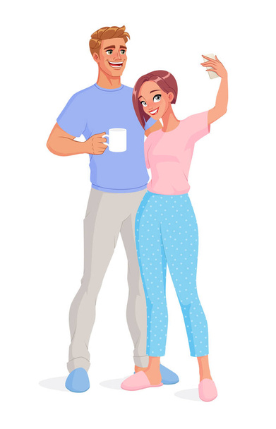 Šťastný usměvavý pár, který si bere selfie, když je doma. Izolovaná vektorová ilustrace. - Vektor, obrázek