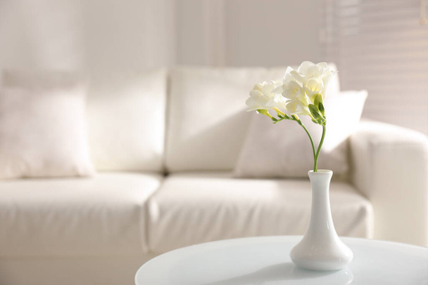 Beautiful white freesia flowers in light room, space for text - Φωτογραφία, εικόνα