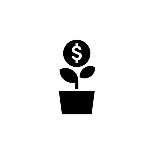 ドルの植物の芽の成長、コンセプトアイコンのデザイン、白の背景に黒のフラットデザインへの成功投資サイン - ベクター画像