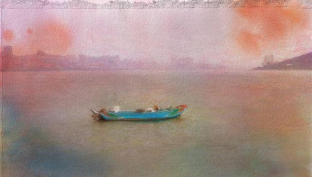 Balıkçı teknesinin günbatımı, gün doğumu ışıklarıyla sanatsal dijital çizimi: suluboya boya - Fotoğraf, Görsel