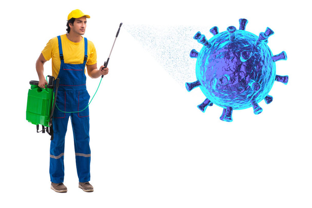 コロナウイルスと戦う人との消毒の概念 - 写真・画像