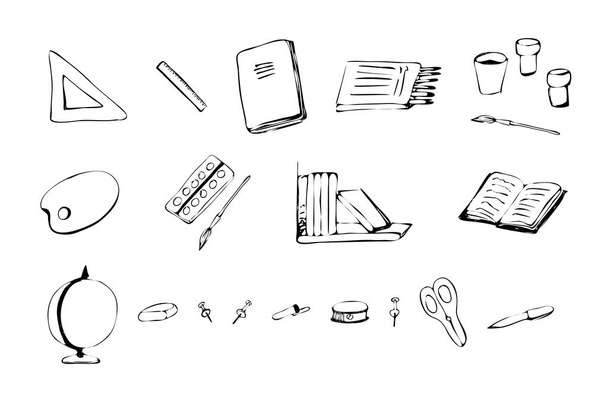 Školní potřeby. Notebook, knihy, štětce, barvy, tužky, knoflíky, pero, nůžky, elastický pásek, ořezávátko, a. Skica. Doodle styl. Vektorová ilustrace - Vektor, obrázek