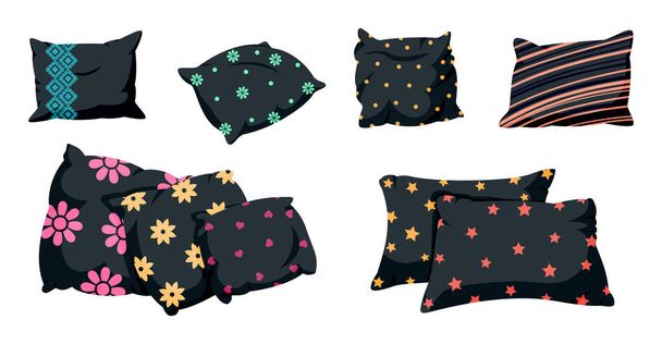 Pillow black set with decorative pattern cartoon - Vector, Image