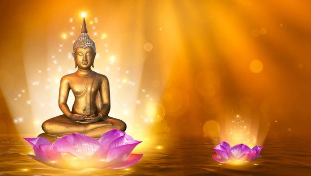 Buda estátua água lótus Buda de pé sobre flor de lótus no fundo laranja - Foto, Imagem