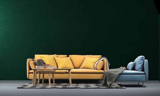Modern cozy living room and green wall texture background interior design / 3D rendering - Photo, Image
